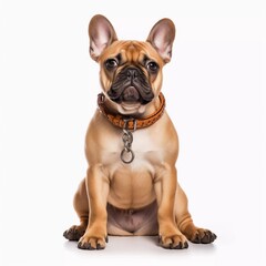 Fototapeta premium Fawn french bulldog sitting with leather leash ready for a walk with owner isolated on white isolated background, AI generator