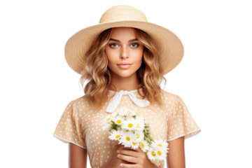 Beautiful stylish woman in a floral dress and straw hat holds a daisy.isolated on transparent background,png file
