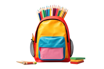 Backpack with colorful stationery.isolated on transparent background,png file