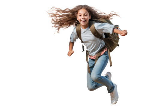 Coming back from school behind a girl with a backpack running happily. isolated on transparent background,png file - Powered by Adobe