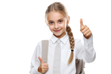 Elementary school student with a backpack, wearing a school uniform, pointing and copying isolated on transparent background,png file