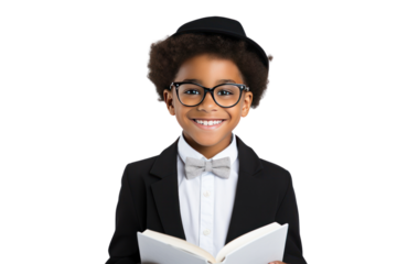 smiling black schoolboy Wearing glasses holding a book isolated on transparent background,png file
