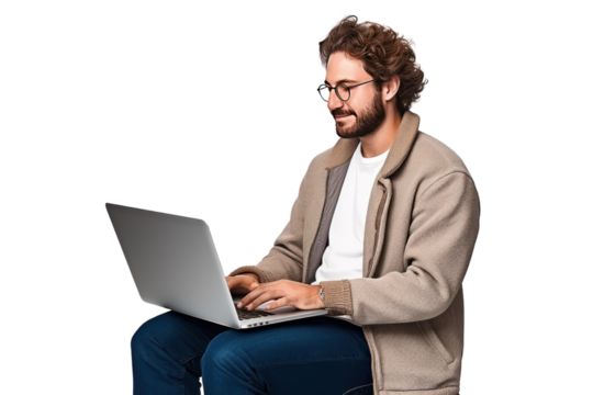 Young successful Caucasian student uses laptop, isolated on transparent background,png file - Powered by Adobe