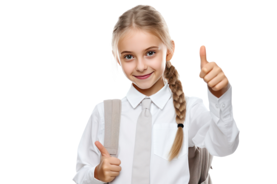 Elementary school student with a backpack, wearing a school uniform, pointing and copying isolated on transparent background,png file