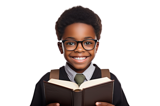 smiling black schoolboy Wearing glasses holding a book isolated on transparent background,png file