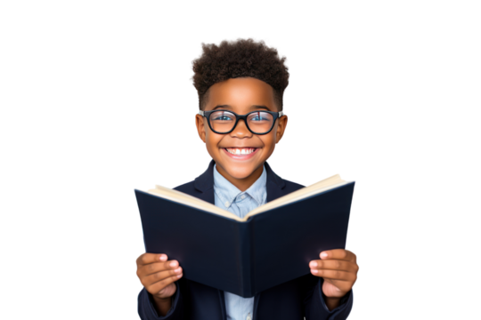 smiling black schoolboy Wearing glasses holding a book isolated on transparent background,png file