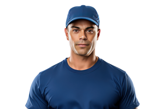 Professional courier in blue t-shirt and hat talking on phone or iPad with customer isolated on transparent background,png file