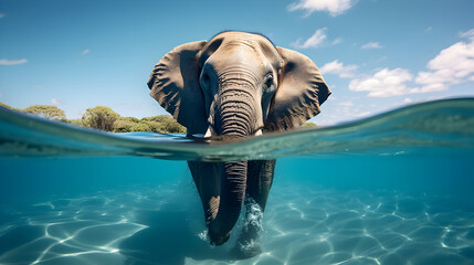 An elephant swimming in the blue ocean