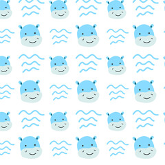 cute hippo and wave simple shape pattern. Vector illustration for nursery design, baby animal background. 
