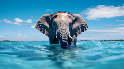 An elephant enjoying swimming in the blue sea