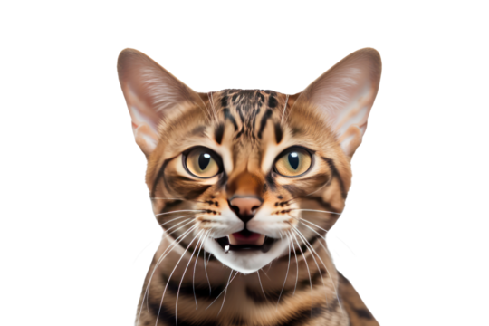 brown Bengal cat making a funny face, licking its lips isolated on transparent background,png file