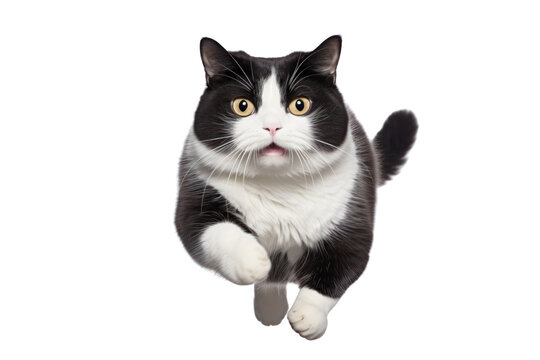 Playful black and white fat cat running and jumping isolated on transparent background,png file