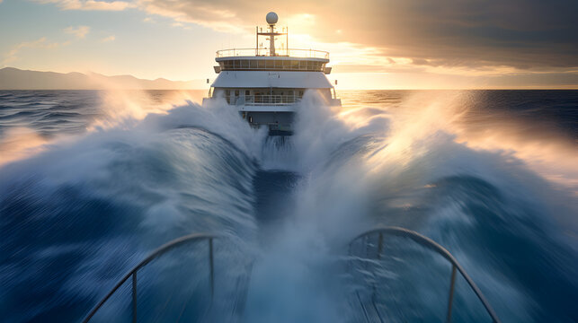 A dynamic image of the cruise ship bow cutting through waves, capturing the power and motion of the ship as it moves through the sea