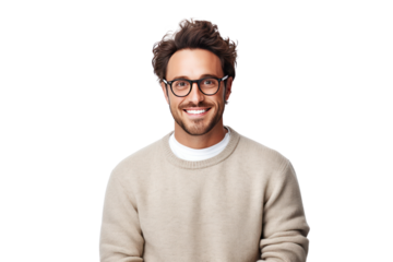 Handsome young man without beard wearing a casual sweater and glasses. Happy smiling face with crossed arms looking at camera, isolated on transparent background,png file