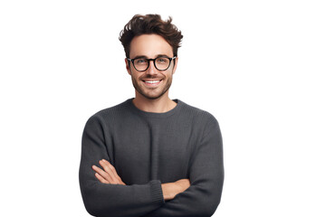 Handsome young man without beard wearing a casual sweater and glasses. Happy smiling face with crossed arms looking at camera, isolated on transparent background,png file