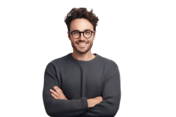 Foto op Canvas Handsome young man without beard wearing a casual sweater and glasses. Happy smiling face with crossed arms looking at camera, isolated on transparent background,png file © venusvi