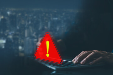 laptop shows a warning sign of system failure, notification spam. 
concept leak software data, risk...