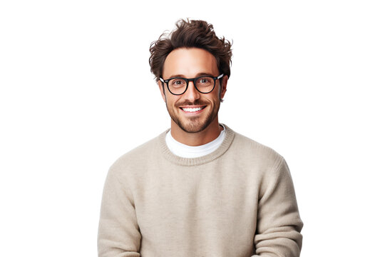 Handsome young man without beard wearing a casual sweater and glasses. Happy smiling face with crossed arms looking at camera, isolated on transparent background,png file