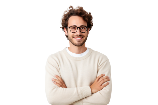 Handsome young man without beard wearing a casual sweater and glasses. Happy smiling face with crossed arms looking at camera, isolated on transparent background,png file