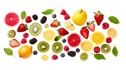 Flat lay, top view, berries, apple, strawberry, pomegranate, mango, avocado, orange, lemon, kiwi, isolated on transparent background,png file
