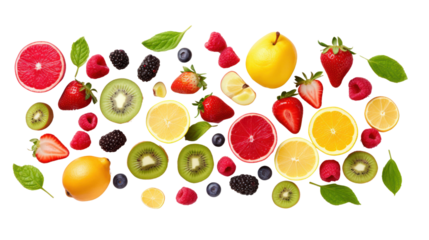 Flat lay, top view, berries, apple, strawberry, pomegranate, mango, avocado, orange, lemon, kiwi, isolated on transparent background,png file