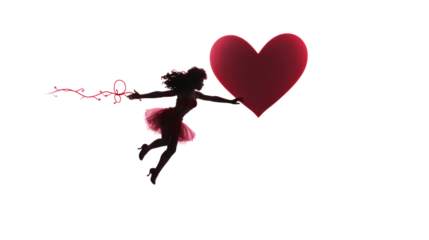 Cupid flying silhouette, red heart isolated on transparent background,png file