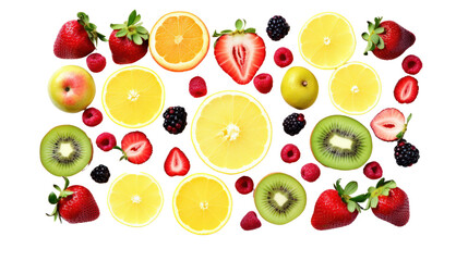Flat lay, top view, berries, apple, strawberry, pomegranate, mango, avocado, orange, lemon, kiwi,...