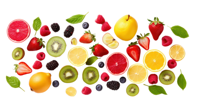 Flat lay, top view, berries, apple, strawberry, pomegranate, mango, avocado, orange, lemon, kiwi, isolated on transparent background,png file