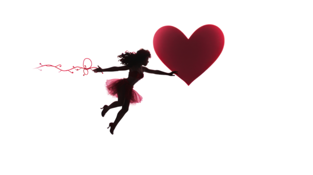 Cupid flying silhouette, red heart isolated on transparent background,png file