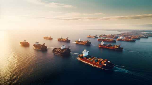 Fleet of cargo ships sailing on the ocean. Container vessels exporting goods making supply chain delivery - Powered by Adobe