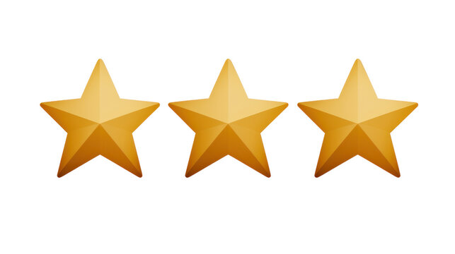 shiny yellow stars. Realistic 3D design. Three star award isolated on transparent background,png file