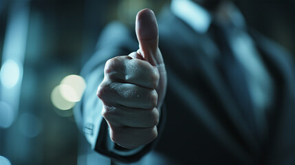 businessman with thumbs up on bokeh background, success concept