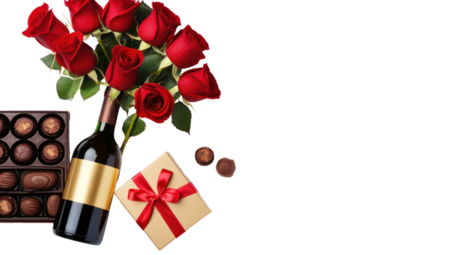 Valentine's day with red roses, wine bottle and box of chocolates. isolated on transparent background,png file