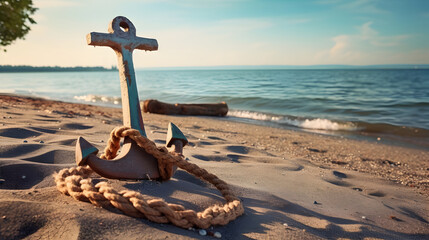 Fototapeta premium Wooden anchor with rope on the sand close to the ocean