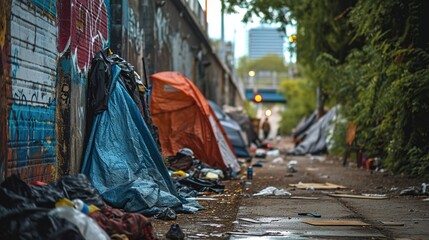 A homeless encampment on a city street with tents, created with Generative Ai technology. - obrazy, fototapety, plakaty