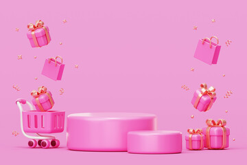 Pink podium with gift box and Shopping cart for product sale banner presentation platform 3d background