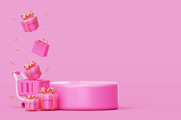 Pink podium with gift box on Shopping cart for product sale banner presentation platform 3d background