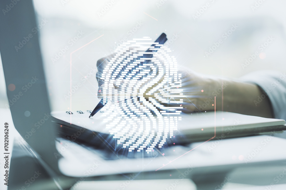 Poster Multi exposure of abstract fingerprint scan interface with hand writing in notepad on background with laptop, digital access concept