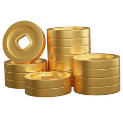 3d render of chinese golden coins stacking.