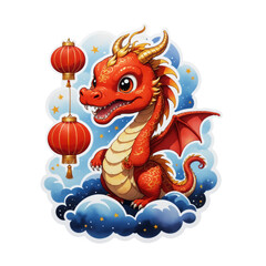 a watercolor style of cute dragon play with red lantern and fireworks in midnight sky