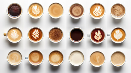 coffee cup assortment top view collection, cup with heart sign top view collection isolated on white background.