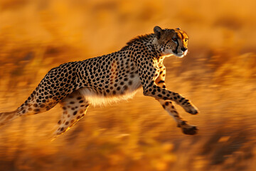 The sleek elegance of a cheetah in full sprint across the African savannah