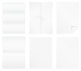 Different A4 format paper - folded paper, paper with curl, paper with lines and squares