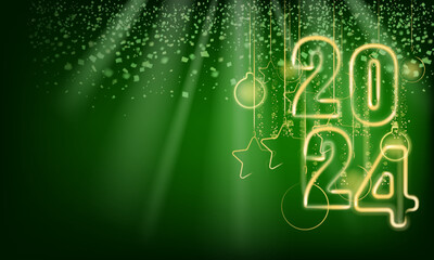 2024 Happy New Year shining light sparkles, green background