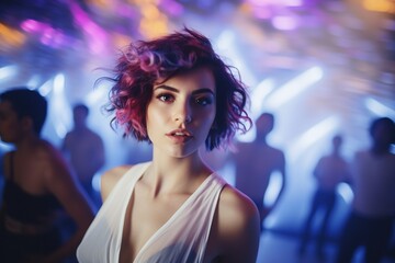 Portrait of a beautiful girl with short hair dancing in a nightclub 