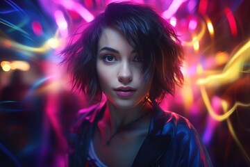 Portrait of a beautiful girl with short hair dancing in a nightclub 