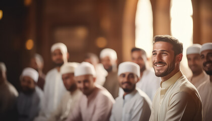group of muslims man in mosque, ramadan concept - obrazy, fototapety, plakaty