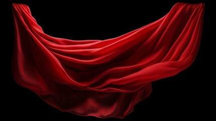 Red cloth that is floating and hiding something unknown underneath. Fabric isolated on black background. 