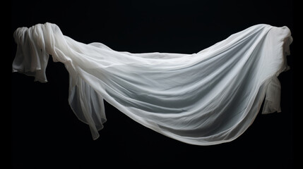 White cloth that is floating and hiding something unknown underneath. Fabric isolated on black background. 