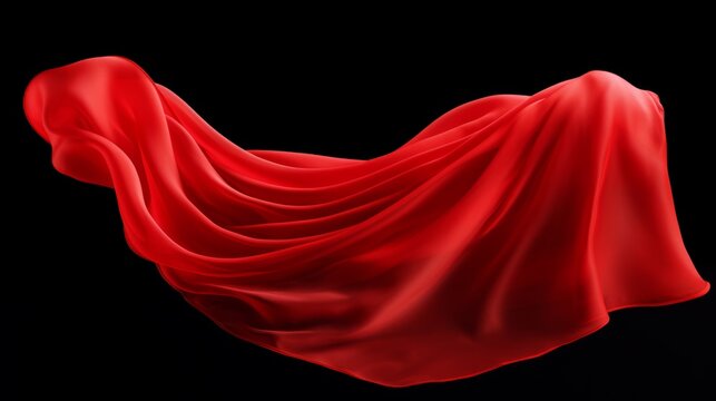 Red cloth that is floating and hiding something unknown underneath. Fabric isolated on black background. 